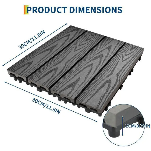 Alt view image 2 of 6 - 27 PCS Interlocking Deck Tiles, 12x12 Inch Waterproof Patio Flooring, Composite Wood for All-Weather Outdoor Use on Poolside, Balcony, Backyard, Porch & Garden, Easy DIY Installation,Grey