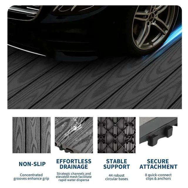 Alt view image 3 of 6 - 27 PCS Interlocking Deck Tiles, 12x12 Inch Waterproof Patio Flooring, Composite Wood for All-Weather Outdoor Use on Poolside, Balcony, Backyard, Porch & Garden, Easy DIY Installation,Grey