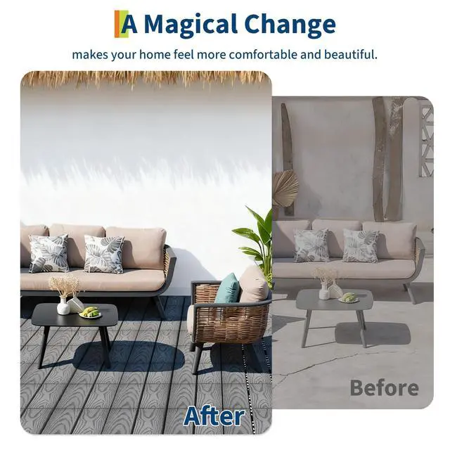 Alt view image 6 of 6 - 27 PCS Interlocking Deck Tiles, 12x12 Inch Waterproof Patio Flooring, Composite Wood for All-Weather Outdoor Use on Poolside, Balcony, Backyard, Porch & Garden, Easy DIY Installation,Grey