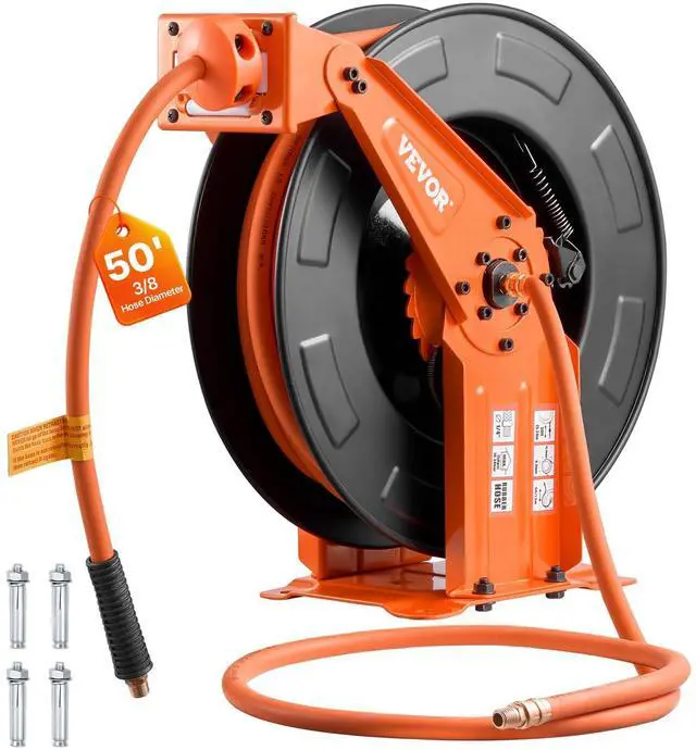 Main image of Retractable Air Hose Reel, 3/8 Inch x 50 FT Rubber Air Hose Max 300PSI, Auto Rewind Air-Compressor Hoses Reel with 5 ft Lead in, Ceiling/Wall Mount Heavy Duty Steel Double Arm