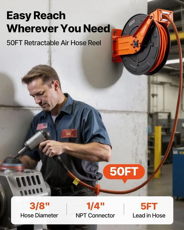 Alt view image 2 of 6 - Retractable Air Hose Reel, 3/8 Inch x 50 FT Rubber Air Hose Max 300PSI, Auto Rewind Air-Compressor Hoses Reel with 5 ft Lead in, Ceiling/Wall Mount Heavy Duty Steel Double Arm