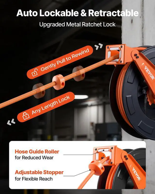 Alt view image 3 of 6 - Retractable Air Hose Reel, 3/8 Inch x 50 FT Rubber Air Hose Max 300PSI, Auto Rewind Air-Compressor Hoses Reel with 5 ft Lead in, Ceiling/Wall Mount Heavy Duty Steel Double Arm