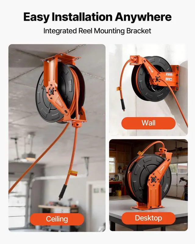 Alt view image 5 of 6 - Retractable Air Hose Reel, 3/8 Inch x 50 FT Rubber Air Hose Max 300PSI, Auto Rewind Air-Compressor Hoses Reel with 5 ft Lead in, Ceiling/Wall Mount Heavy Duty Steel Double Arm