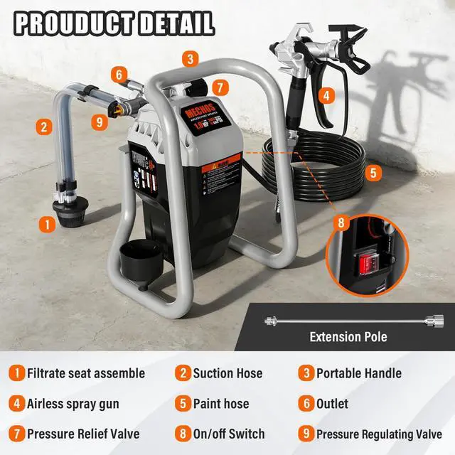 Alt view image 3 of 6 - Airless Paint Sprayer - High Efficiency Thinning-Free Electric Spray Gun with Brass Nozzles & Extension Rod, Minimal Overspray for Home Interior/Exterior (Gray)