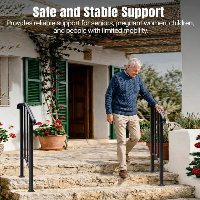 Alt view image 2 of 6 - 2 Pack 2 Step Handrails for Outdoor Steps, Wrought Iron Stair Railing Fits 1 or 2 Steps, Metal Hand Rail with Installation Kit, Staircase Handrails for Concrete, Porch, Deck, Exterior Steps, Black