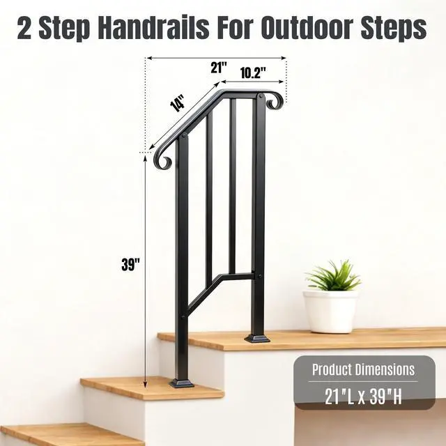 Alt view image 3 of 6 - 2 Pack 2 Step Handrails for Outdoor Steps, Wrought Iron Stair Railing Fits 1 or 2 Steps, Metal Hand Rail with Installation Kit, Staircase Handrails for Concrete, Porch, Deck, Exterior Steps, Black