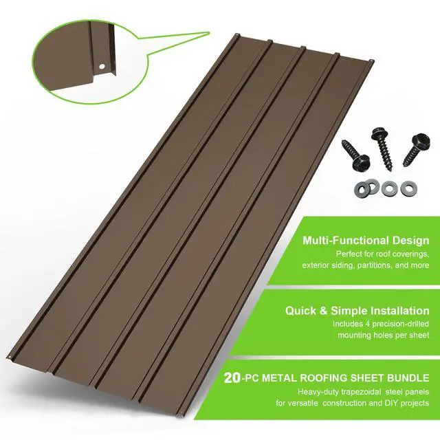 Alt view image 4 of 6 - 20PCS Metal Roofing Panels, Corrugated Galvanized Roof Panels, Waterproof Metal Siding Panel with 120 Pcs Steel Screws for Pergola, Gazebo, Shed, Garages, Stables and Mobile Homes -Brown
