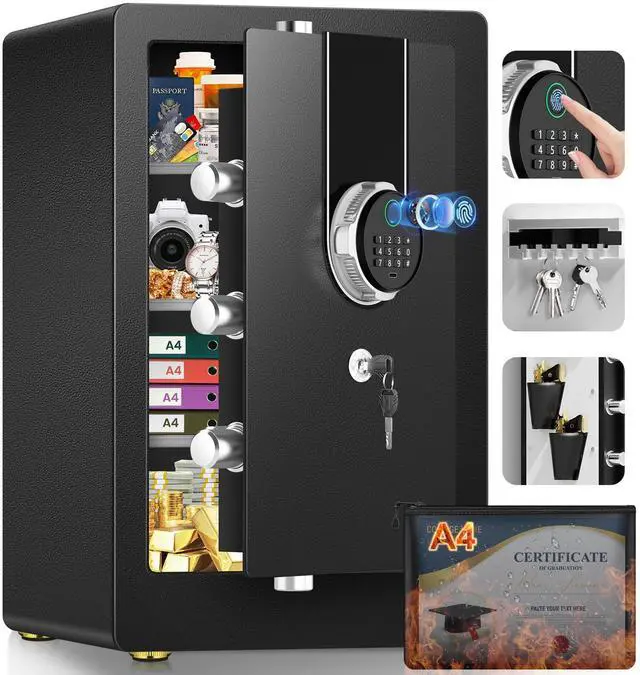 Main image of ." Large Biometric Safe Box, Home Safes Water Fireproof, Duty Document Safe with Bottom Hidden Compartment, Anti-Theft Dual Alerts, Mute Mode, Digital Security for Home and Business