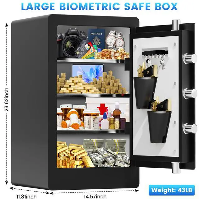 Alt view image 2 of 6 - ." Large Biometric Safe Box, Home Safes Water Fireproof, Duty Document Safe with Bottom Hidden Compartment, Anti-Theft Dual Alerts, Mute Mode, Digital Security for Home and Business