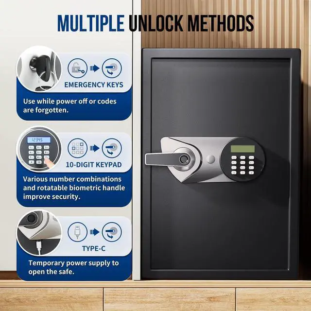 Alt view image 3 of 6 - Large Home Safe Box 2.0 Cub Biometric Safe Fingerprint Recogntion Lock Box with Removable Shelf LED Light Fireproof Bag Wall Mount Cabinet Safe for Home Office Hotel, Black