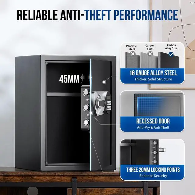 Alt view image 6 of 6 - Large Home Safe Box 2.0 Cub Biometric Safe Fingerprint Recogntion Lock Box with Removable Shelf LED Light Fireproof Bag Wall Mount Cabinet Safe for Home Office Hotel, Black