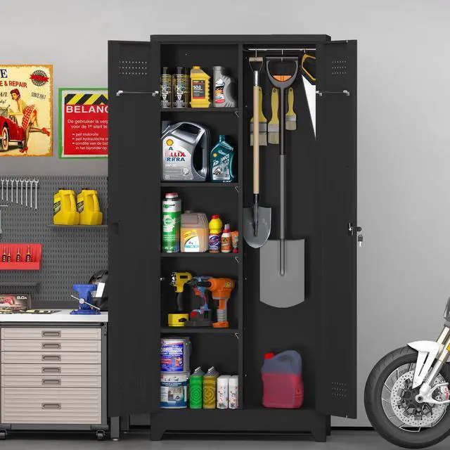 Alt view image 2 of 6 - Broom Closet Storage Cabinet, Garage Storage Cabinet with Dooors,Lockable Cabinet, Black