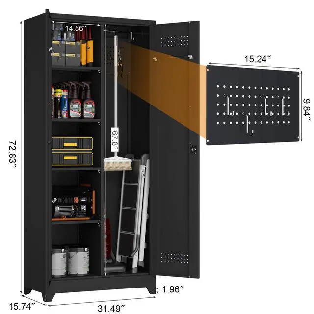 Alt view image 3 of 6 - Broom Closet Storage Cabinet, Garage Storage Cabinet with Dooors,Lockable Cabinet, Black