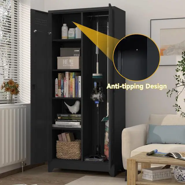 Alt view image 4 of 6 - Broom Closet Storage Cabinet, Garage Storage Cabinet with Dooors,Lockable Cabinet, Black