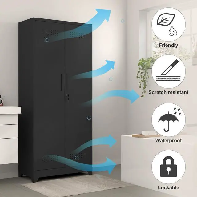 Alt view image 5 of 6 - Broom Closet Storage Cabinet, Garage Storage Cabinet with Dooors,Lockable Cabinet, Black