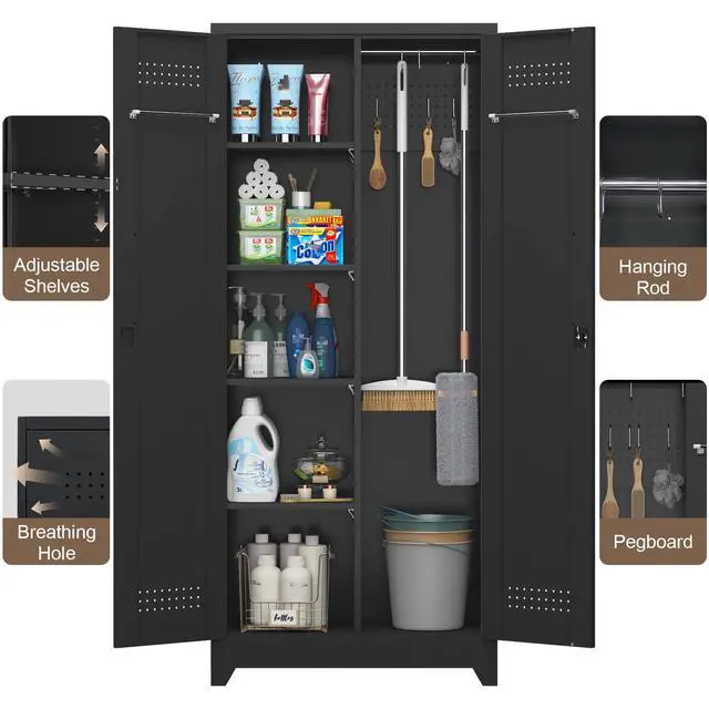 Alt view image 6 of 6 - Broom Closet Storage Cabinet, Garage Storage Cabinet with Dooors,Lockable Cabinet, Black