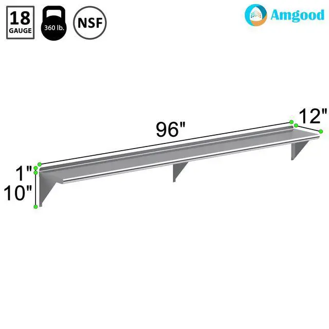 Alt view image 3 of 6 - 12 in. x 96 in. Stainless Steel Wall Shelf | NSF | Metal Shelving | Garage, Laundry, Storage, Utility Room | Restaurant, Commercial Kitchen