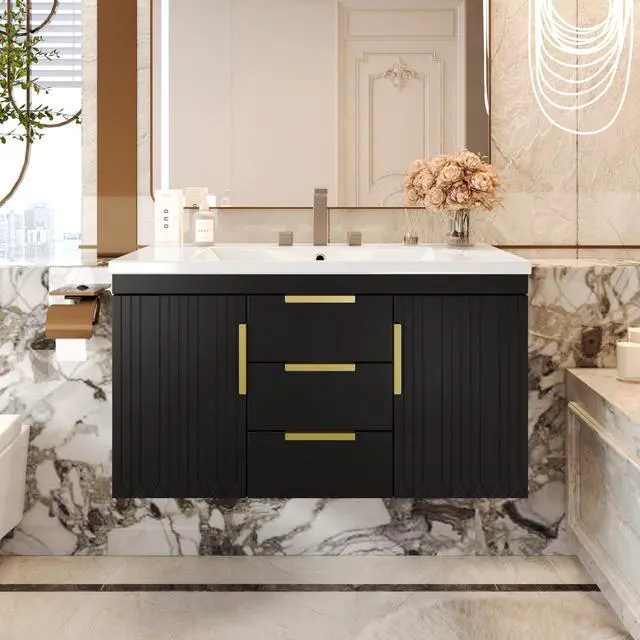 Main image of 36 Inch Bathroom Vanity with Sink, Wall Mounted Bathroom Storage Cabinet with 2 Doors and 2 Drawers, Floating Bathroom Vanities with Decor Line