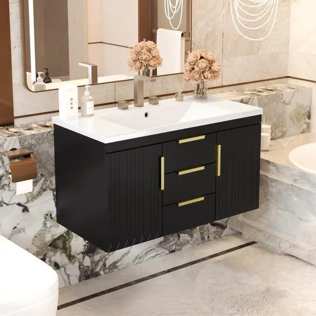 Alt view image 3 of 6 - 36 Inch Bathroom Vanity with Sink, Wall Mounted Bathroom Storage Cabinet with 2 Doors and 2 Drawers, Floating Bathroom Vanities with Decor Line