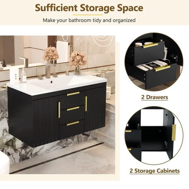 Alt view image 4 of 6 - 36 Inch Bathroom Vanity with Sink, Wall Mounted Bathroom Storage Cabinet with 2 Doors and 2 Drawers, Floating Bathroom Vanities with Decor Line