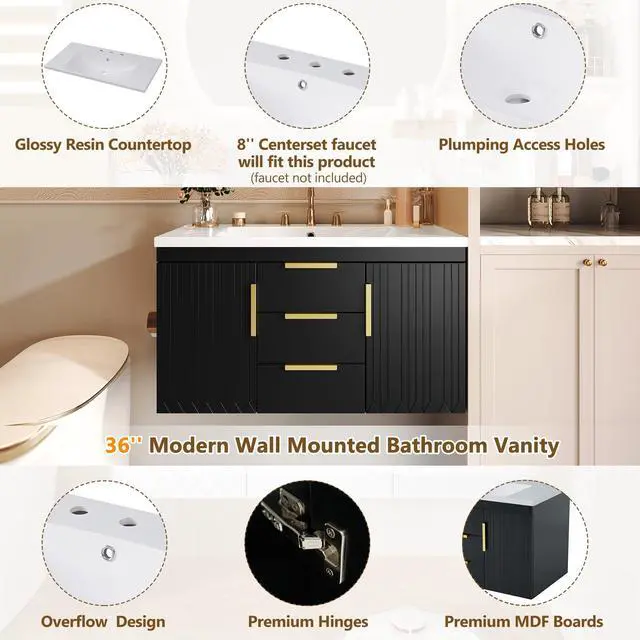 Alt view image 5 of 6 - 36 Inch Bathroom Vanity with Sink, Wall Mounted Bathroom Storage Cabinet with 2 Doors and 2 Drawers, Floating Bathroom Vanities with Decor Line