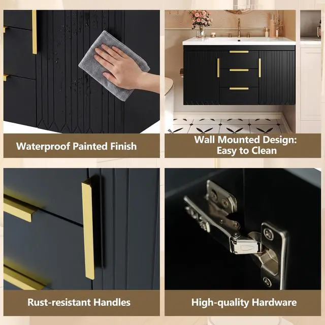 Alt view image 6 of 6 - 36 Inch Bathroom Vanity with Sink, Wall Mounted Bathroom Storage Cabinet with 2 Doors and 2 Drawers, Floating Bathroom Vanities with Decor Line