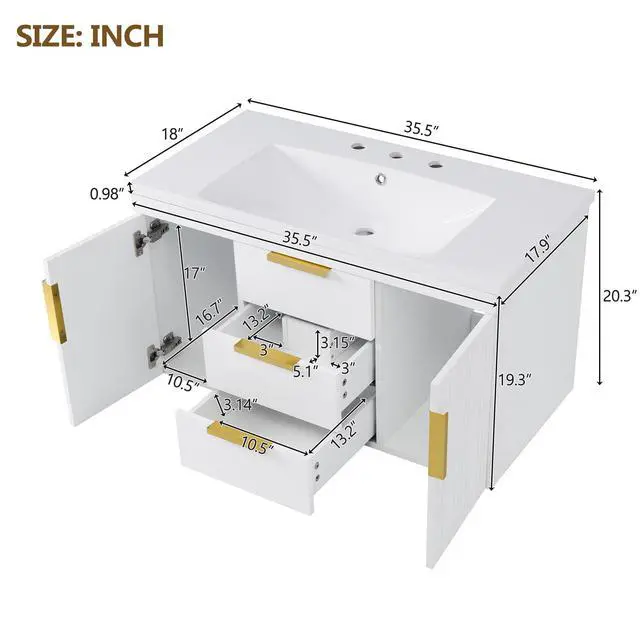 Alt view image 2 of 6 - 36 Inch Bathroom Vanity with Sink, Wall Mounted Bathroom Storage Cabinet with 2 Doors and 2 Drawers, Floating Bathroom Vanities with Decor Line