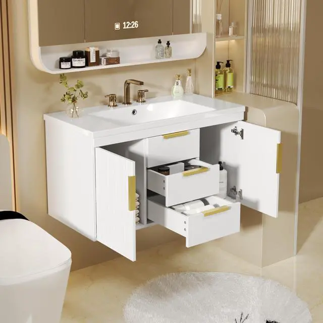 Alt view image 3 of 6 - 36 Inch Bathroom Vanity with Sink, Wall Mounted Bathroom Storage Cabinet with 2 Doors and 2 Drawers, Floating Bathroom Vanities with Decor Line