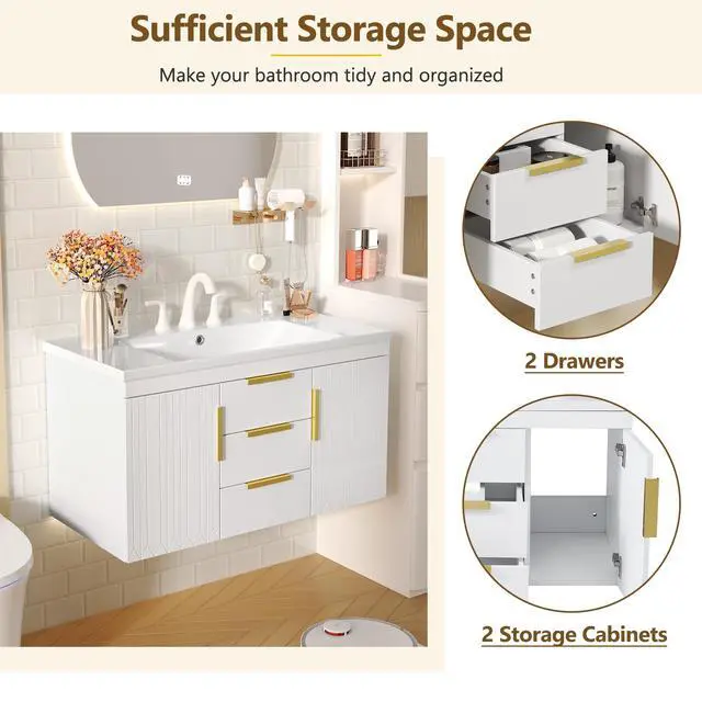 Alt view image 4 of 6 - 36 Inch Bathroom Vanity with Sink, Wall Mounted Bathroom Storage Cabinet with 2 Doors and 2 Drawers, Floating Bathroom Vanities with Decor Line