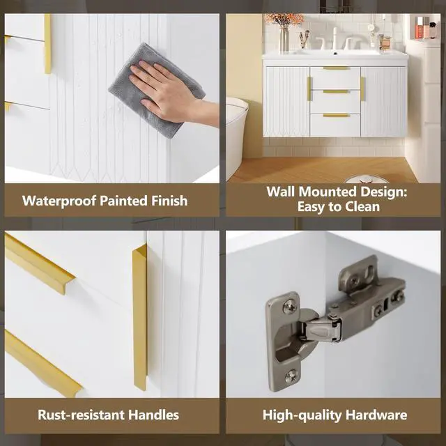 Alt view image 6 of 6 - 36 Inch Bathroom Vanity with Sink, Wall Mounted Bathroom Storage Cabinet with 2 Doors and 2 Drawers, Floating Bathroom Vanities with Decor Line
