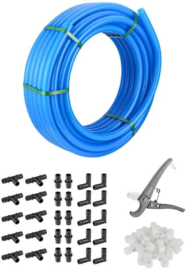 Main image of 1/2-inch Pex-A Pipe & Expansion Fittings, Rings Combo: 1/2-inch 300 ft Roll BLUE, 30 PCS Poly Expansion Fittings: Elbow Tee Couple, 100 PCS Expansion Rings, Pipe Cutter,(XB300)
