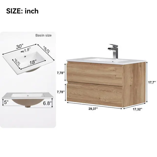 Alt view image 2 of 6 - Floating Bathroom Vanity with Sink Wall Mounted Cabinet with 2 Soft-Close Drawers, Moisture-Resistant MDF,Large Storage for Small Space (30")