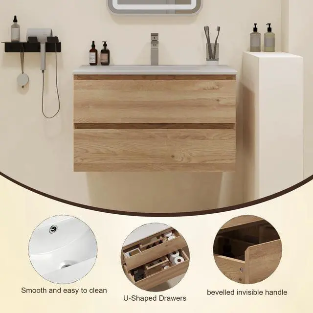 Alt view image 3 of 6 - Floating Bathroom Vanity with Sink Wall Mounted Cabinet with 2 Soft-Close Drawers, Moisture-Resistant MDF,Large Storage for Small Space (30")