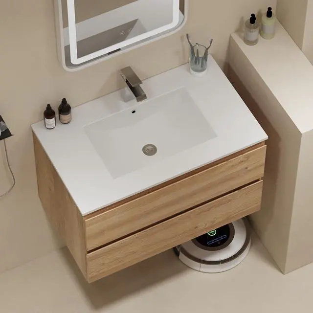 Alt view image 6 of 6 - Floating Bathroom Vanity with Sink Wall Mounted Cabinet with 2 Soft-Close Drawers, Moisture-Resistant MDF,Large Storage for Small Space (30")