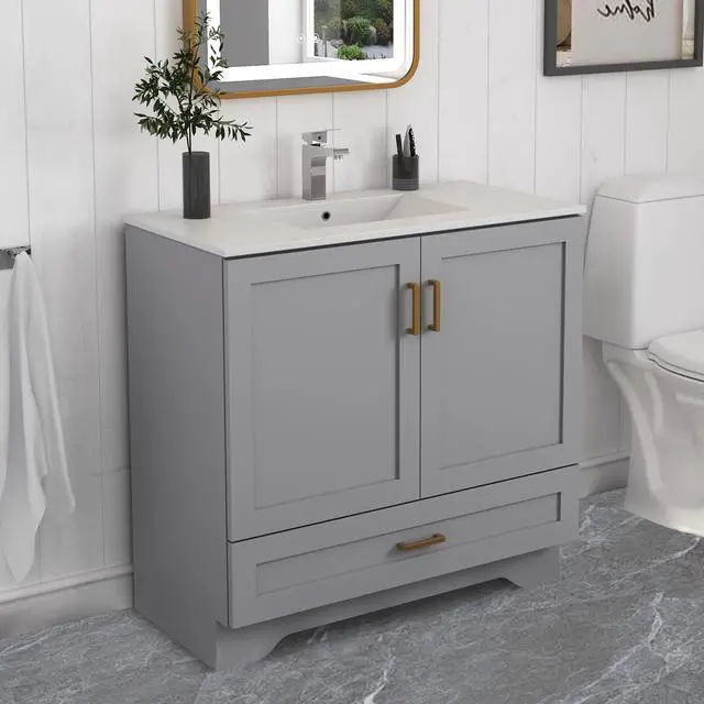 Main image of 36" Bathroom Vanity with Ceramic Undermount Sink - Freestanding 2-Door & 1-Drawer Storage Cabinet, Grey