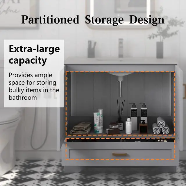 Alt view image 2 of 6 - 36" Bathroom Vanity with Ceramic Undermount Sink - Freestanding 2-Door & 1-Drawer Storage Cabinet, Grey