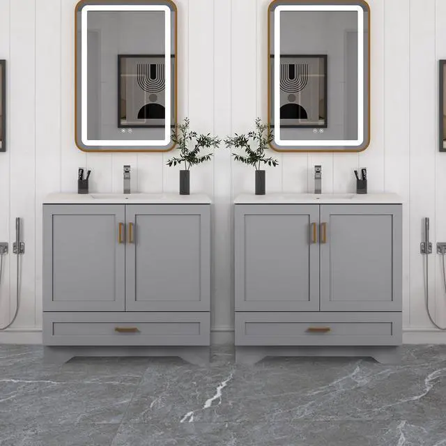 Alt view image 3 of 6 - 36" Bathroom Vanity with Ceramic Undermount Sink - Freestanding 2-Door & 1-Drawer Storage Cabinet, Grey