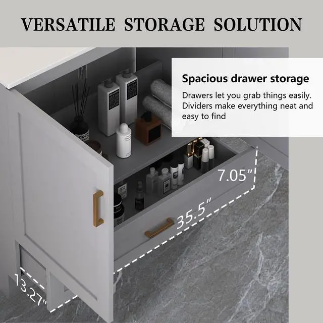 Alt view image 4 of 6 - 36" Bathroom Vanity with Ceramic Undermount Sink - Freestanding 2-Door & 1-Drawer Storage Cabinet, Grey