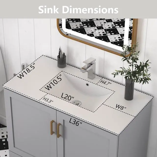 Alt view image 6 of 6 - 36" Bathroom Vanity with Ceramic Undermount Sink - Freestanding 2-Door & 1-Drawer Storage Cabinet, Grey