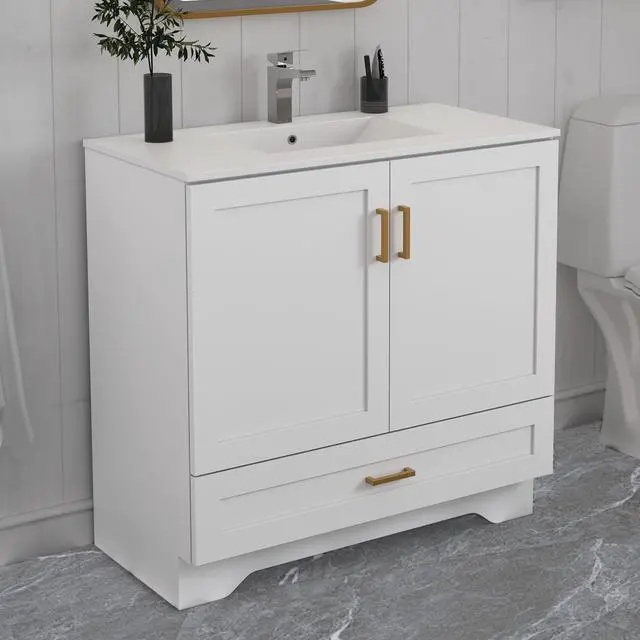 Main image of 36" Bathroom Vanity with Ceramic Undermount Sink - Freestanding 2-Door & 1-Drawer Storage Cabinet, White