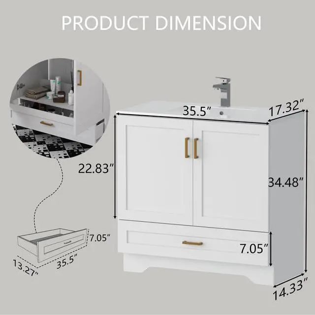 Alt view image 2 of 6 - 36" Bathroom Vanity with Ceramic Undermount Sink - Freestanding 2-Door & 1-Drawer Storage Cabinet, White