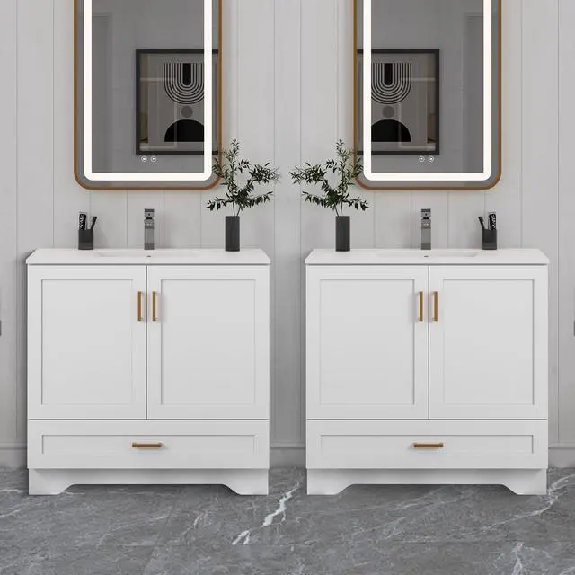 Alt view image 3 of 6 - 36" Bathroom Vanity with Ceramic Undermount Sink - Freestanding 2-Door & 1-Drawer Storage Cabinet, White
