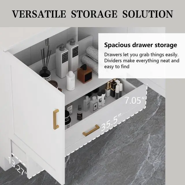 Alt view image 5 of 6 - 36" Bathroom Vanity with Ceramic Undermount Sink - Freestanding 2-Door & 1-Drawer Storage Cabinet, White