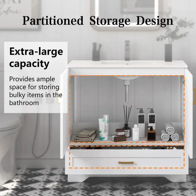 Alt view image 6 of 6 - 36" Bathroom Vanity with Ceramic Undermount Sink - Freestanding 2-Door & 1-Drawer Storage Cabinet, White