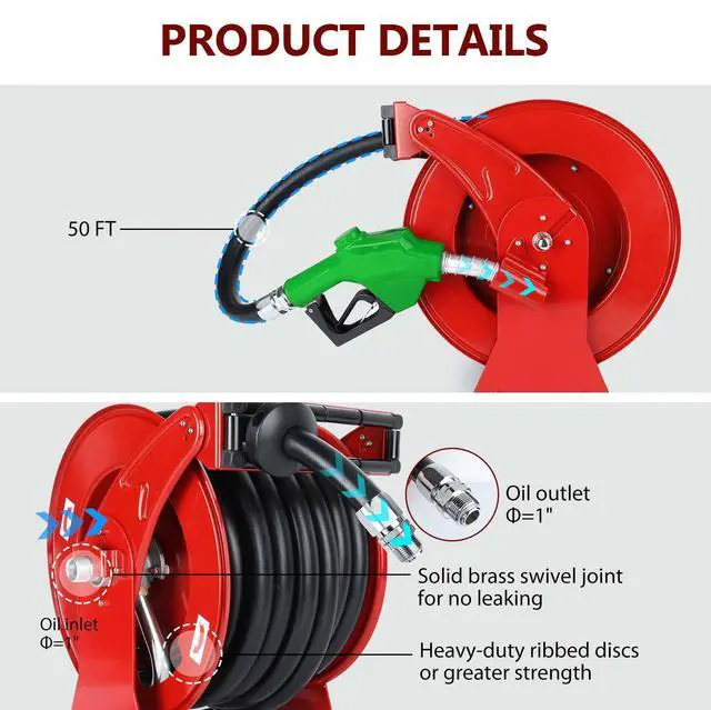 Alt view image 2 of 6 - Fuel Hose Reel with Fueling Nozzle, 1" x 50FT Retractable Diesel Hose Reel, 300 PSI Industrial Heavy Duty Auto Swivel Rewind Hose Holder Reels, for Vehicle Tank Truck Trailer Ship