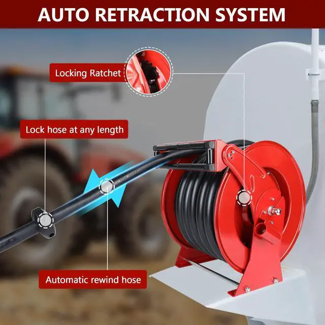 Alt view image 4 of 6 - Fuel Hose Reel with Fueling Nozzle, 1" x 50FT Retractable Diesel Hose Reel, 300 PSI Industrial Heavy Duty Auto Swivel Rewind Hose Holder Reels, for Vehicle Tank Truck Trailer Ship
