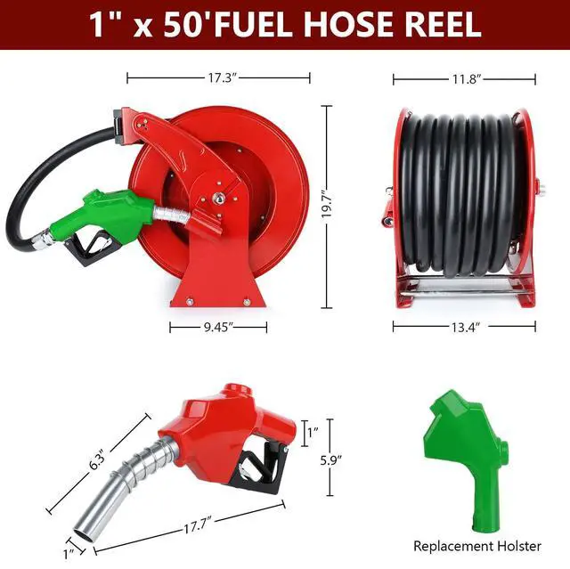 Alt view image 6 of 6 - Fuel Hose Reel with Fueling Nozzle, 1" x 50FT Retractable Diesel Hose Reel, 300 PSI Industrial Heavy Duty Auto Swivel Rewind Hose Holder Reels, for Vehicle Tank Truck Trailer Ship