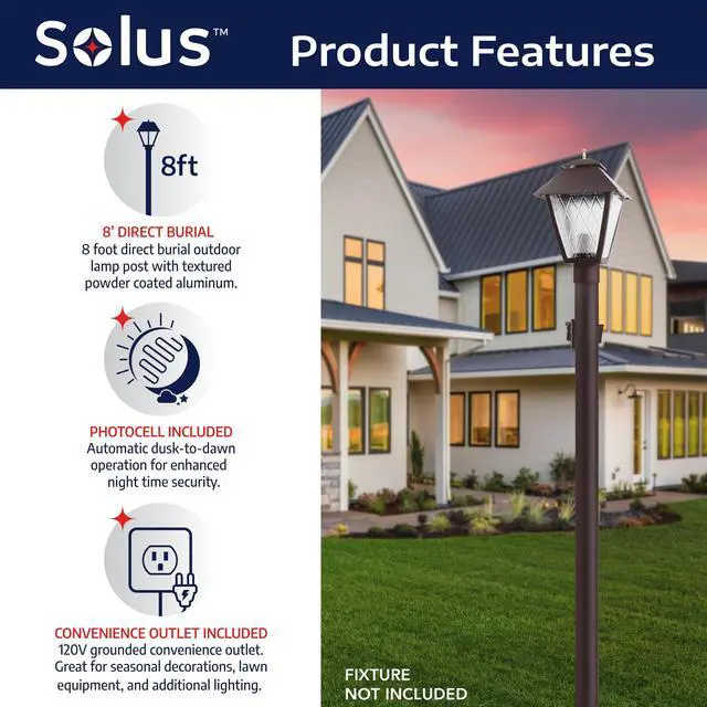Alt view image 4 of 6 - 7-Foot Direct Burial Lamp Post Outdoor Aluminum Light Pole with Dusk-to-Dawn Sensor & 120V Outlet Fits 3" Fixtures, Made in USA, Black/Bronze/White, (Bronze, Set of 2)