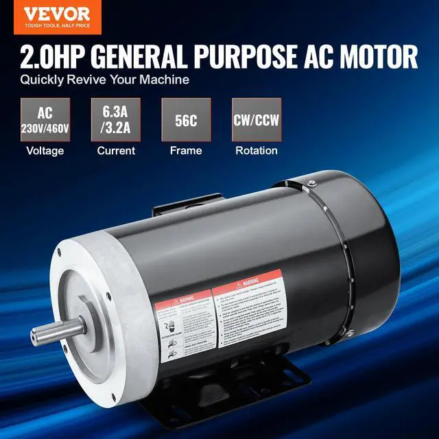 Alt view image 2 of 6 - 2HP Electric Motor 3450 RPM, AC 230V/460V, 56C Frame, Air Compressor Motor 3-Phase, 5/8" Keyed Shaft, CW/CCW Rotation for Agricultural Machinery and General Equipment