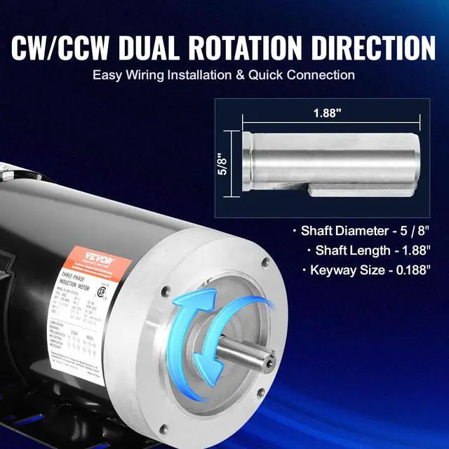 Alt view image 4 of 6 - 2HP Electric Motor 3450 RPM, AC 230V/460V, 56C Frame, Air Compressor Motor 3-Phase, 5/8" Keyed Shaft, CW/CCW Rotation for Agricultural Machinery and General Equipment
